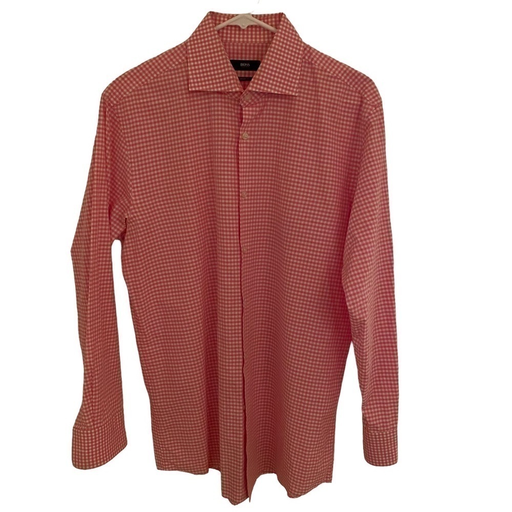 Boss (Hugo Boss) Men’s Dress Shirt Pink/White Check Sharp EUC